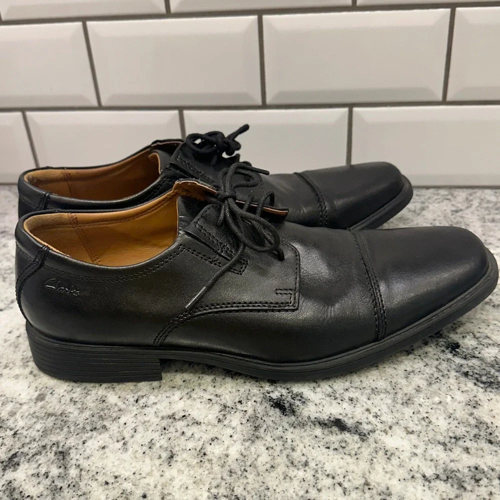 Clarks Mens 8W Cap Toe Oxford Black Leather Lace Up‎ Ultimate Comfort Business